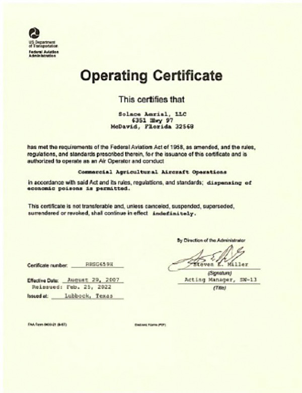 Operations Certificate